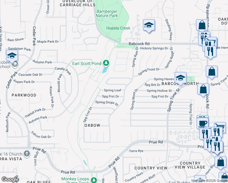 map of restaurants, bars, coffee shops, grocery stores, and more near 7025 Spring Leaf in San Antonio