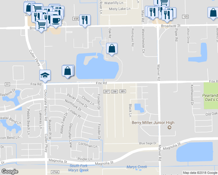 map of restaurants, bars, coffee shops, grocery stores, and more near 2511 Ash Road in Pearland
