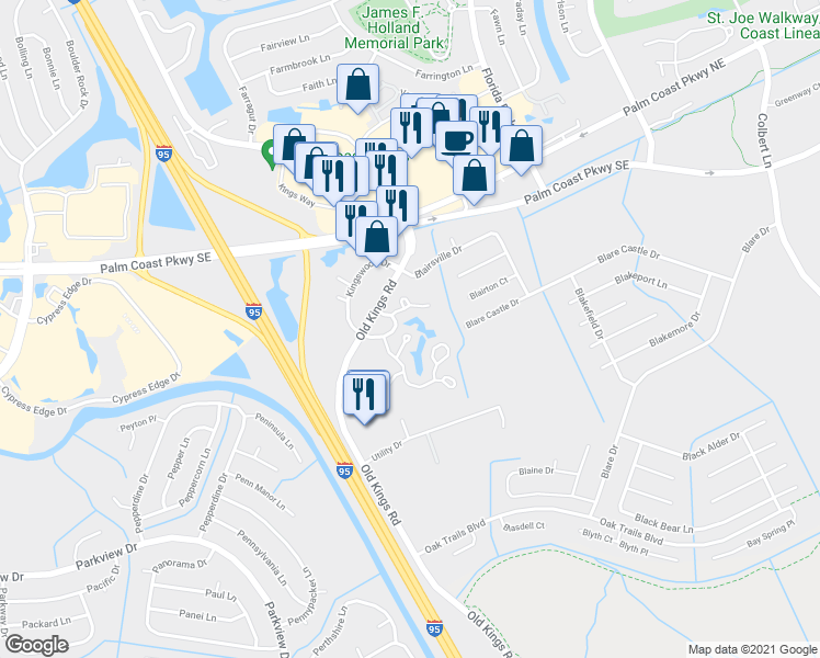 map of restaurants, bars, coffee shops, grocery stores, and more near 13 Salisbury Court in Palm Coast