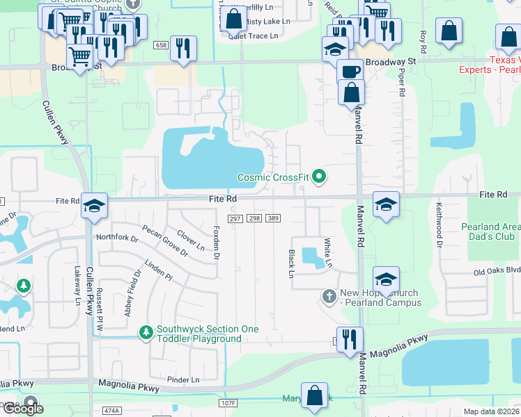 map of restaurants, bars, coffee shops, grocery stores, and more near 2511 Oak Rd in Pearland