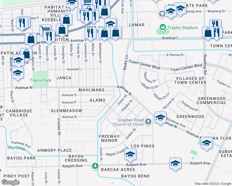 map of restaurants, bars, coffee shops, grocery stores, and more near 1621 Leonard Street in Rosenberg