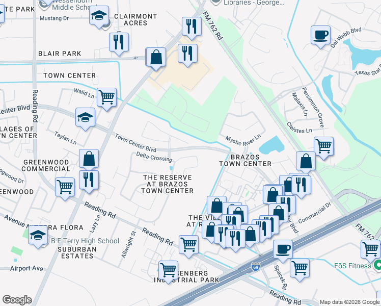 map of restaurants, bars, coffee shops, grocery stores, and more near 1306 Ellis Grove Lane in Rosenberg