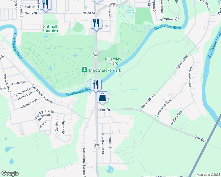 map of restaurants, bars, coffee shops, grocery stores, and more near 104 Pecan Orchard in Seguin