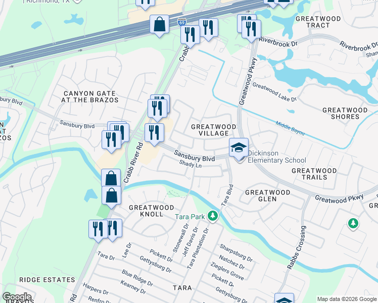 map of restaurants, bars, coffee shops, grocery stores, and more near 6746 Wildacre Drive in Sugar Land