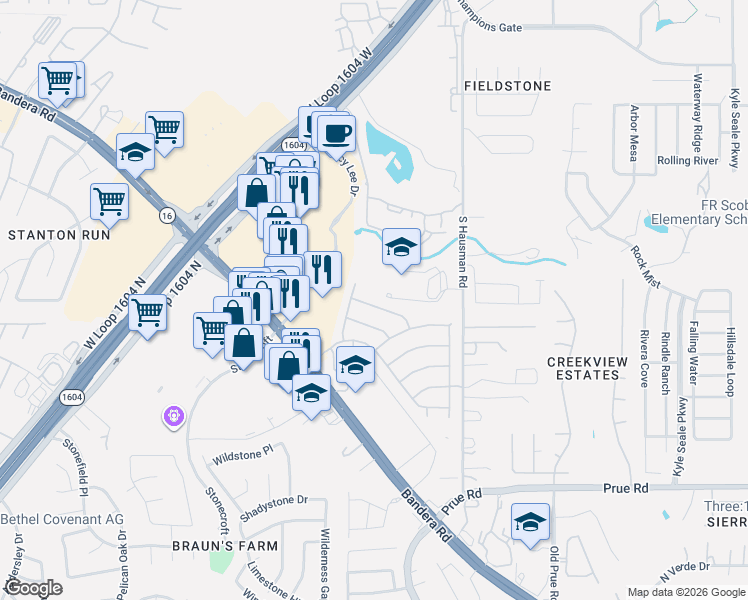 map of restaurants, bars, coffee shops, grocery stores, and more near 9223 Brae Moss in San Antonio