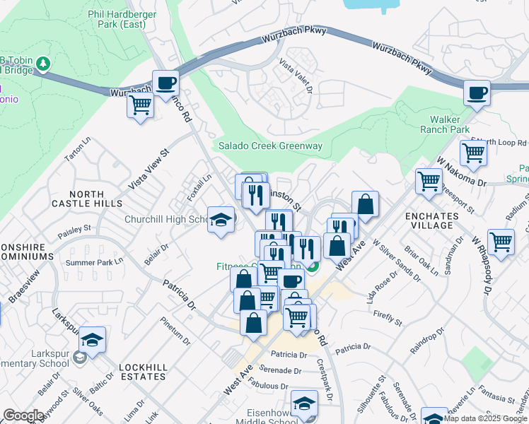 map of restaurants, bars, coffee shops, grocery stores, and more near 11318 Sir Winston Street in San Antonio