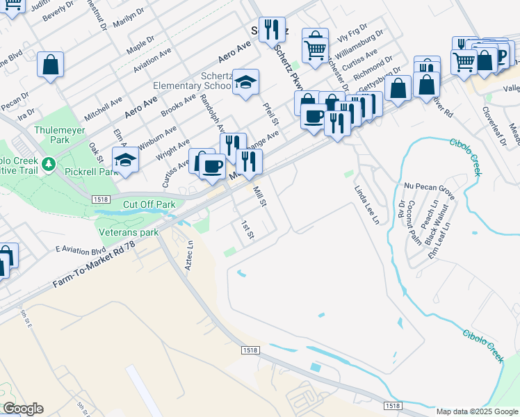map of restaurants, bars, coffee shops, grocery stores, and more near 310 Church Street in Schertz
