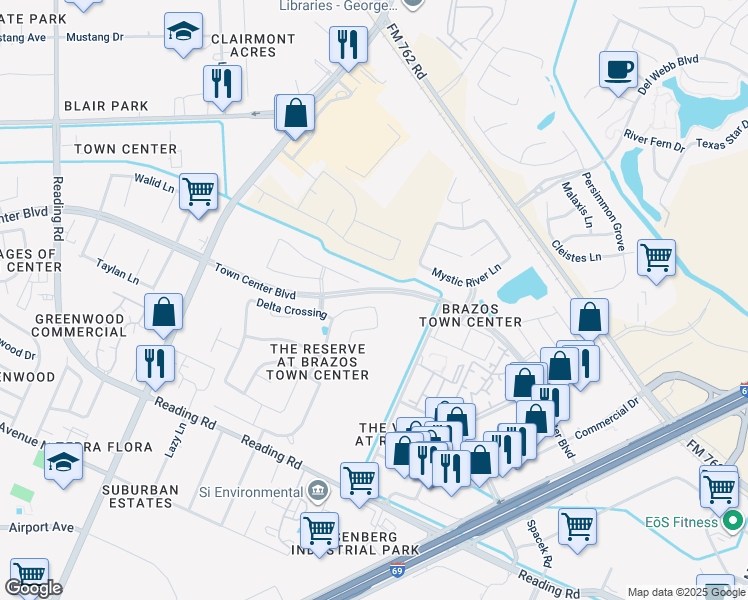 map of restaurants, bars, coffee shops, grocery stores, and more near 1302 Ellis Grove Lane in Rosenberg