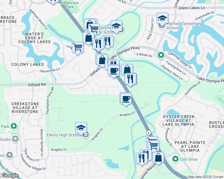 map of restaurants, bars, coffee shops, grocery stores, and more near 7303 Moon Beam Circle in Missouri City