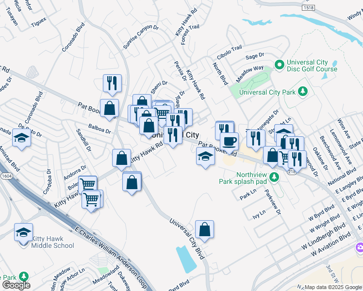 map of restaurants, bars, coffee shops, grocery stores, and more near 1501 Pat Booker Road in Universal City