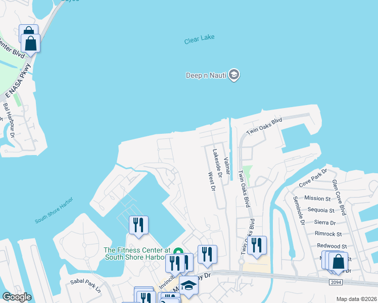 map of restaurants, bars, coffee shops, grocery stores, and more near 2912 Oak Road in League City