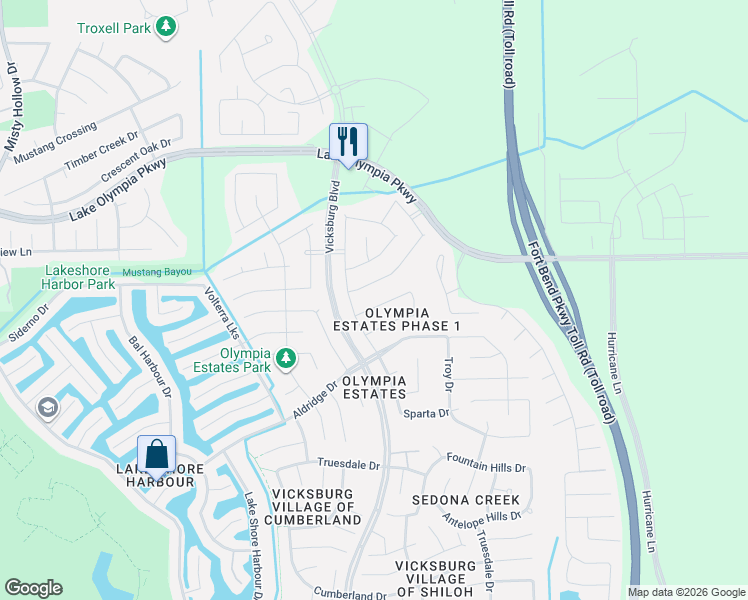 map of restaurants, bars, coffee shops, grocery stores, and more near 3406 Bremerton Falls Drive in Missouri City