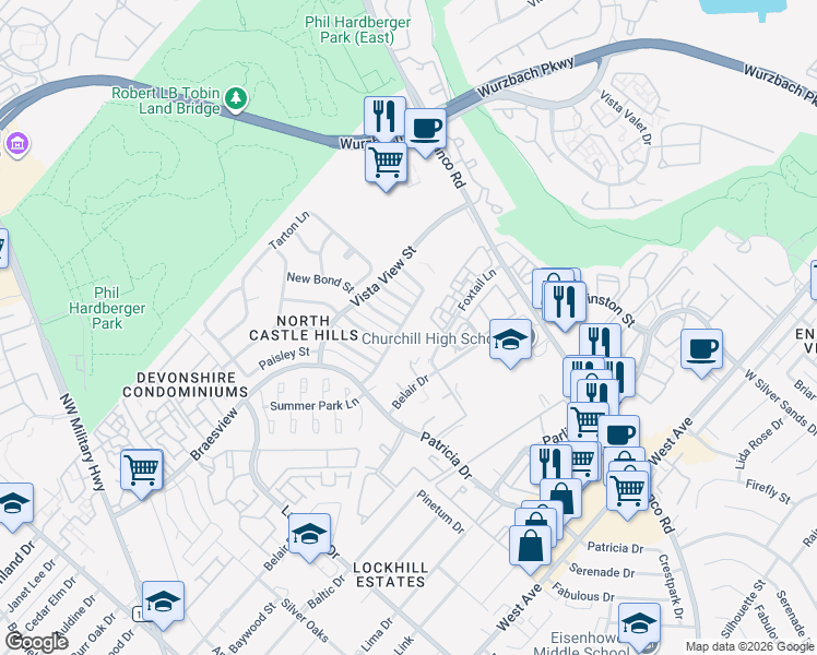 map of restaurants, bars, coffee shops, grocery stores, and more near 1506 Vista Azul in San Antonio