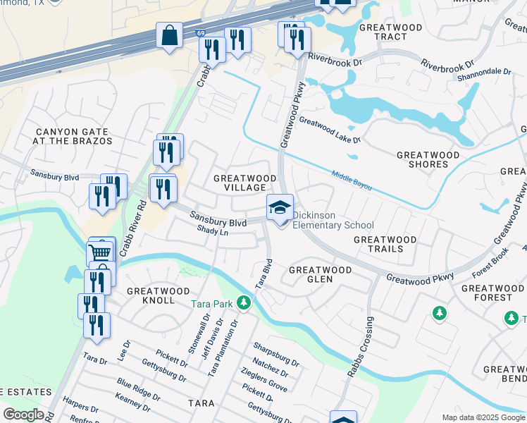 map of restaurants, bars, coffee shops, grocery stores, and more near 7010 Hearthside Drive in Sugar Land