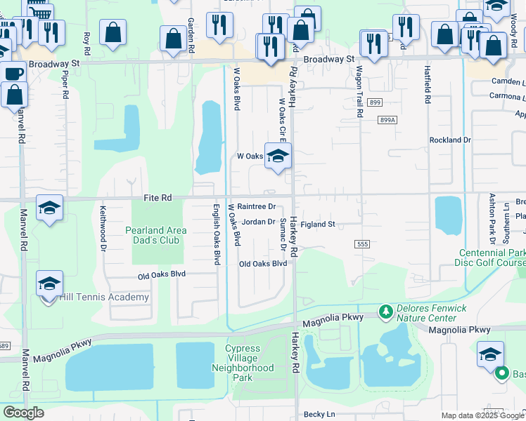 map of restaurants, bars, coffee shops, grocery stores, and more near 6202 Raintree Drive in Pearland