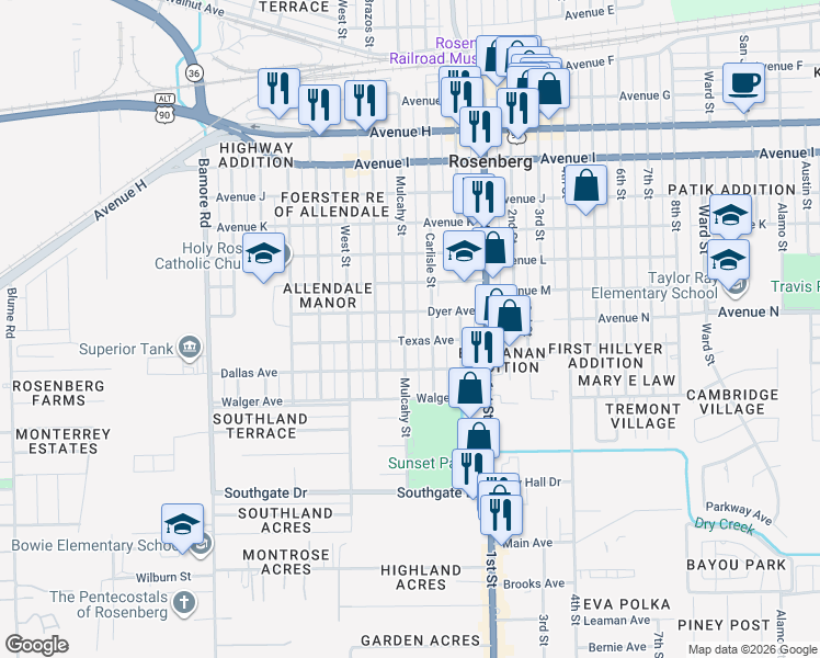map of restaurants, bars, coffee shops, grocery stores, and more near 1614 Carlisle Street in Rosenberg
