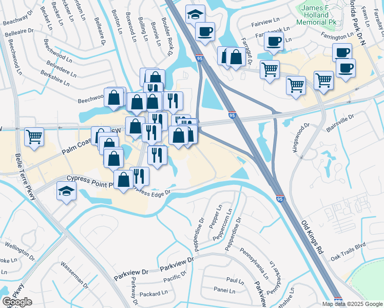 map of restaurants, bars, coffee shops, grocery stores, and more near in Palm Coast