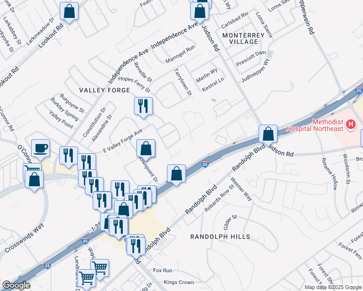 map of restaurants, bars, coffee shops, grocery stores, and more near 6235 Charlottesville Street in San Antonio