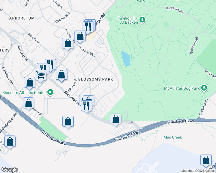map of restaurants, bars, coffee shops, grocery stores, and more near 2115 Plum Blossom Street in San Antonio