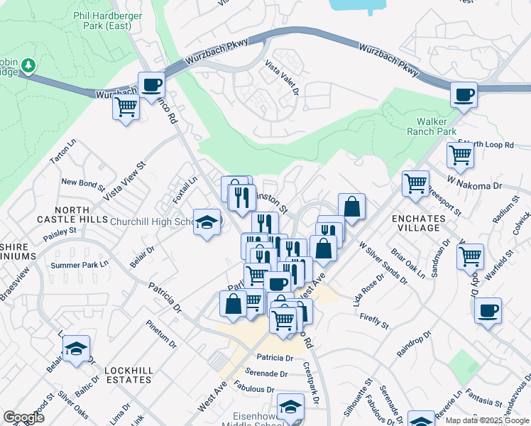 map of restaurants, bars, coffee shops, grocery stores, and more near 11318 Sir Winston Street in San Antonio