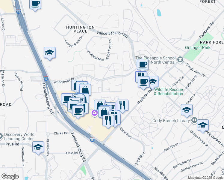 map of restaurants, bars, coffee shops, grocery stores, and more near 12007 Ashrock Court in San Antonio