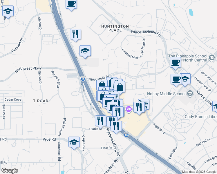 map of restaurants, bars, coffee shops, grocery stores, and more near 4800 Woodstone Drive in San Antonio
