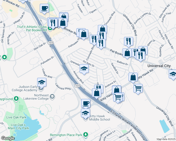 map of restaurants, bars, coffee shops, grocery stores, and more near 130 Granada Drive in Universal City