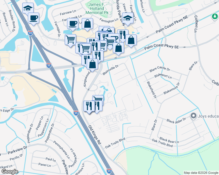map of restaurants, bars, coffee shops, grocery stores, and more near 24 Oxford Lane in Palm Coast