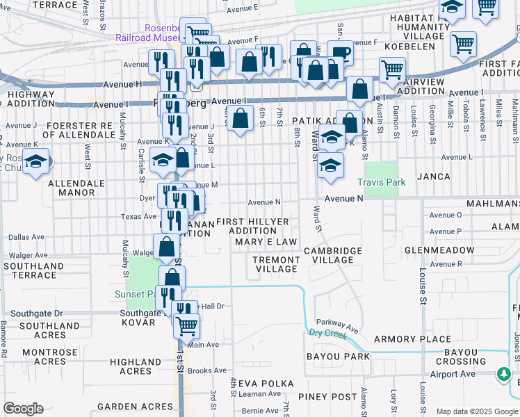 map of restaurants, bars, coffee shops, grocery stores, and more near 1610 6th Street in Rosenberg