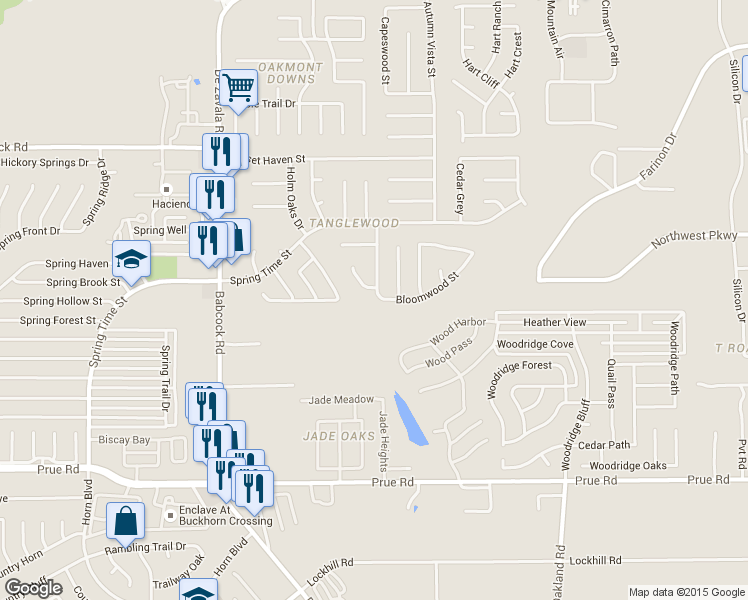 map of restaurants, bars, coffee shops, grocery stores, and more near 6138 Bloomwood St in San Antonio