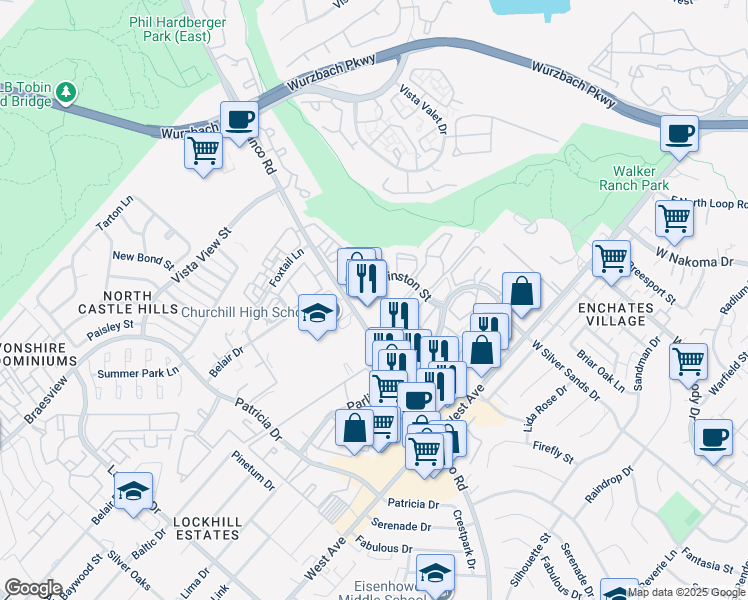 map of restaurants, bars, coffee shops, grocery stores, and more near 11318 Sir Winston Street in San Antonio