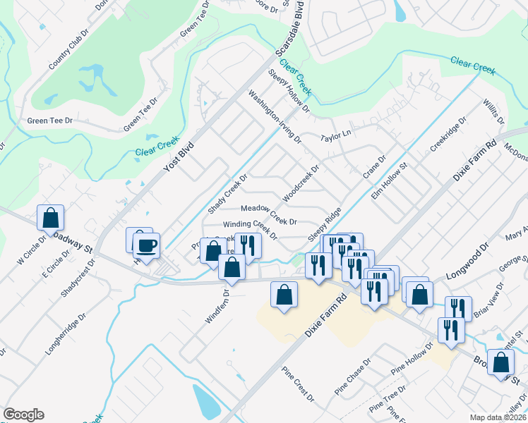 map of restaurants, bars, coffee shops, grocery stores, and more near 1825 Meadow Creek Drive in Pearland