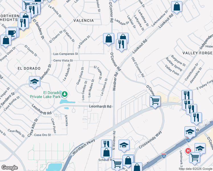 map of restaurants, bars, coffee shops, grocery stores, and more near 12114 La Charca Street in San Antonio