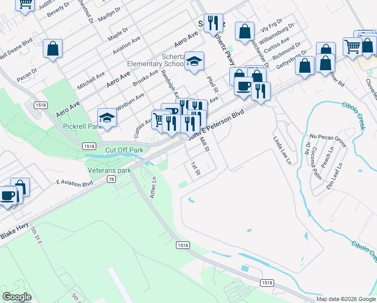 map of restaurants, bars, coffee shops, grocery stores, and more near 202 Lee Street in Schertz