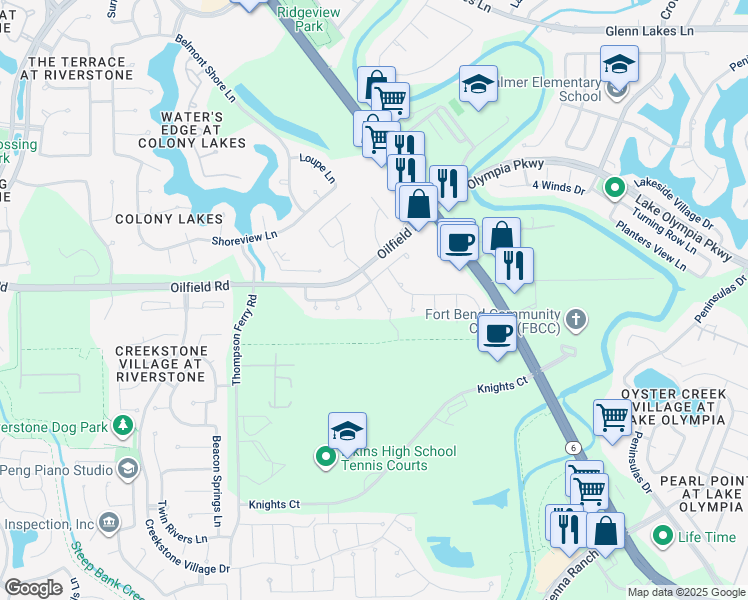 map of restaurants, bars, coffee shops, grocery stores, and more near 7214 Bethany Bay Drive in Missouri City