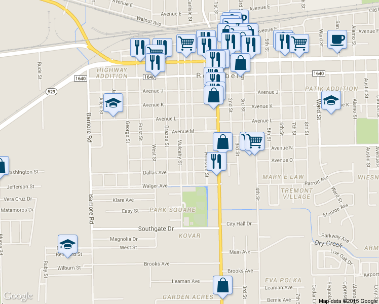 map of restaurants, bars, coffee shops, grocery stores, and more near 1614 Carlisle Street in Rosenberg