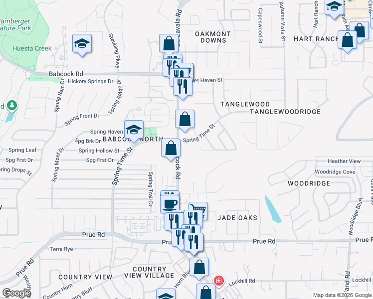 map of restaurants, bars, coffee shops, grocery stores, and more near 6469 Babcock Road in San Antonio