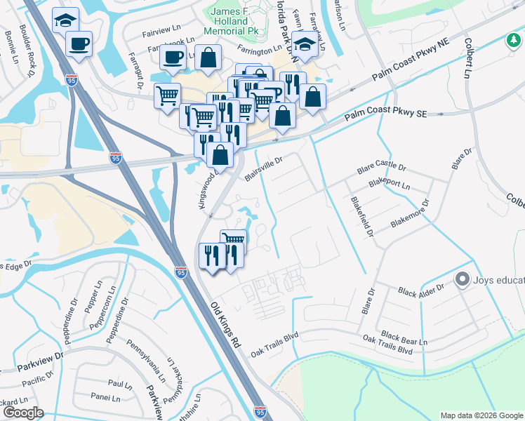 map of restaurants, bars, coffee shops, grocery stores, and more near 24 Oxford Lane in Palm Coast