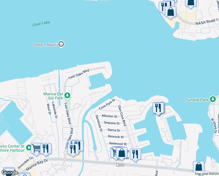 map of restaurants, bars, coffee shops, grocery stores, and more near 2242 Marina Way in Kemah