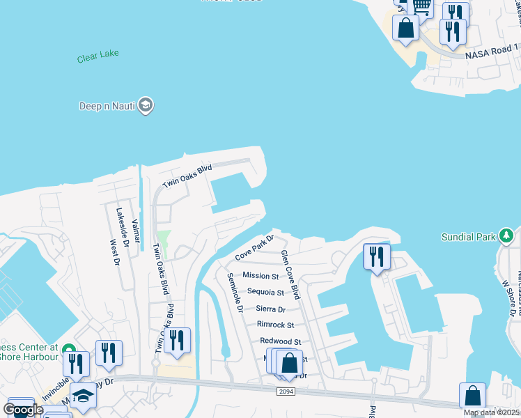 map of restaurants, bars, coffee shops, grocery stores, and more near 2242 Marina Way in Kemah