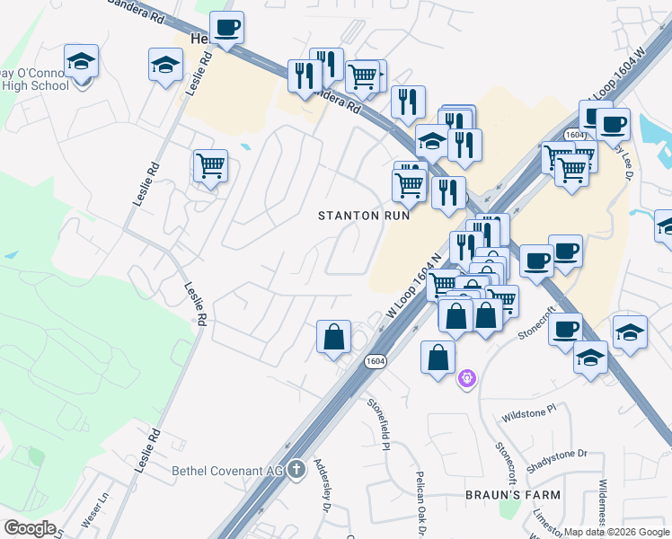 map of restaurants, bars, coffee shops, grocery stores, and more near 9635 Roy Croft Avenue in Helotes