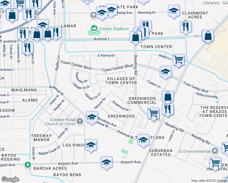 map of restaurants, bars, coffee shops, grocery stores, and more near 4609 Greenwood Drive in Rosenberg