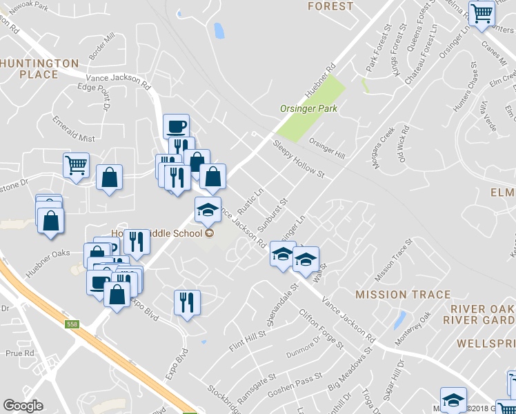 map of restaurants, bars, coffee shops, grocery stores, and more near 22 Rustic Bend in San Antonio