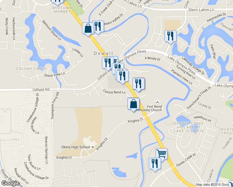 map of restaurants, bars, coffee shops, grocery stores, and more near 7303 Moon Beam Cir in Missouri City