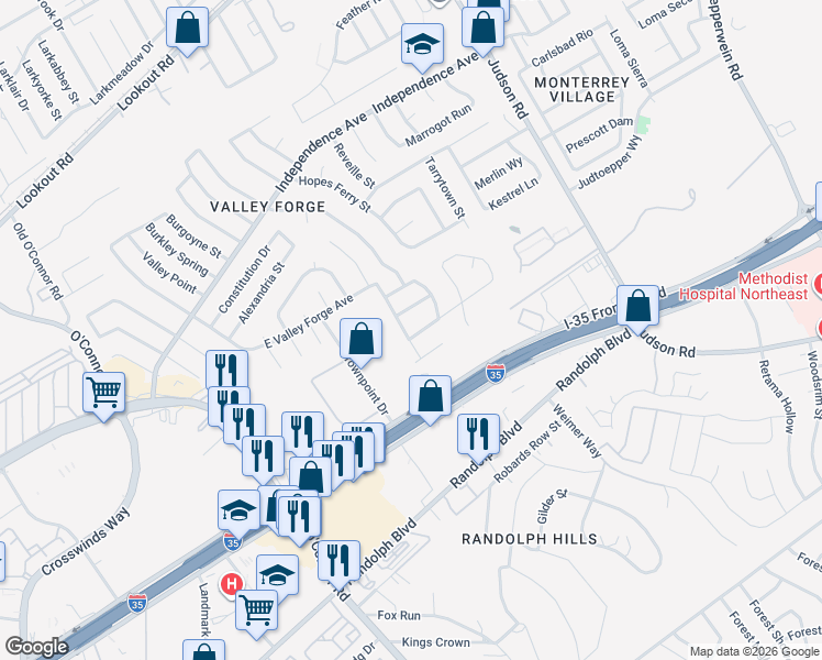 map of restaurants, bars, coffee shops, grocery stores, and more near 12311 Bridge Path Street in San Antonio