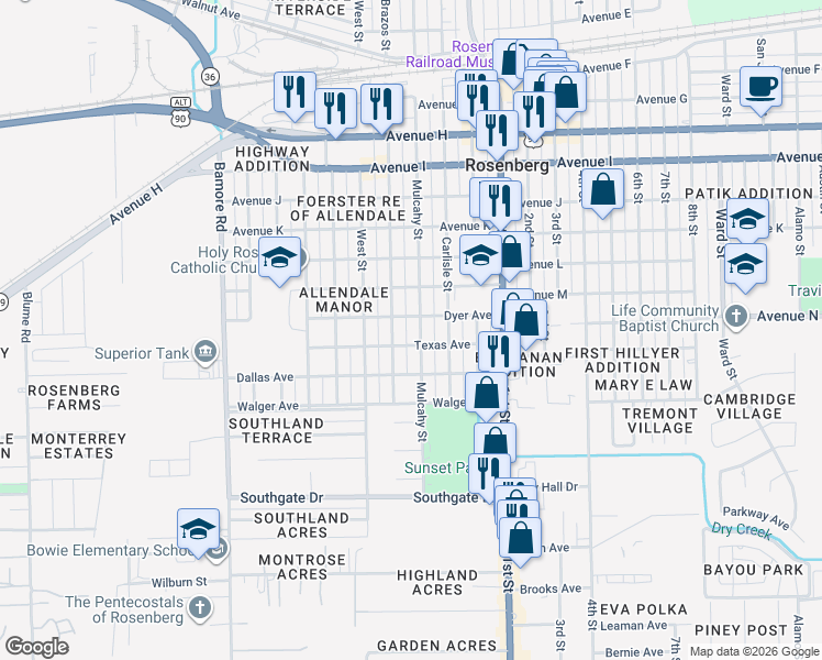 map of restaurants, bars, coffee shops, grocery stores, and more near 1610 Mulcahy Street in Rosenberg