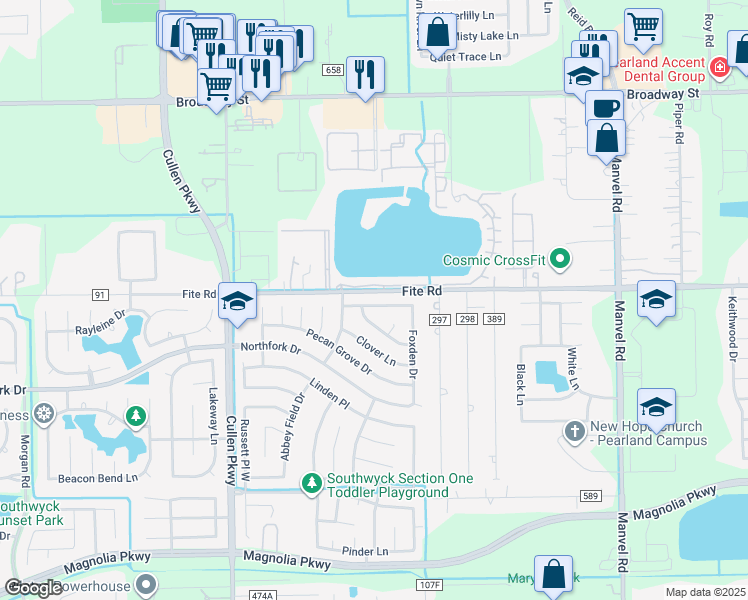 map of restaurants, bars, coffee shops, grocery stores, and more near 4827 Meadowglen Drive in Pearland
