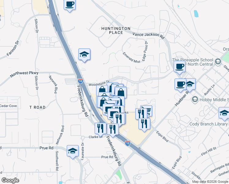 map of restaurants, bars, coffee shops, grocery stores, and more near 4900 Woodstone Drive in San Antonio