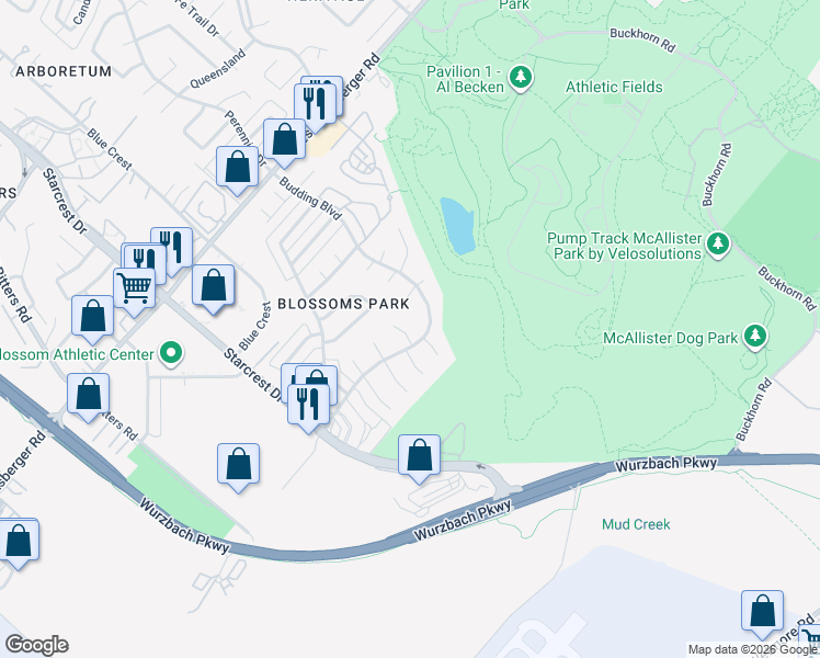 map of restaurants, bars, coffee shops, grocery stores, and more near 2115 Plum Blossom Street in San Antonio