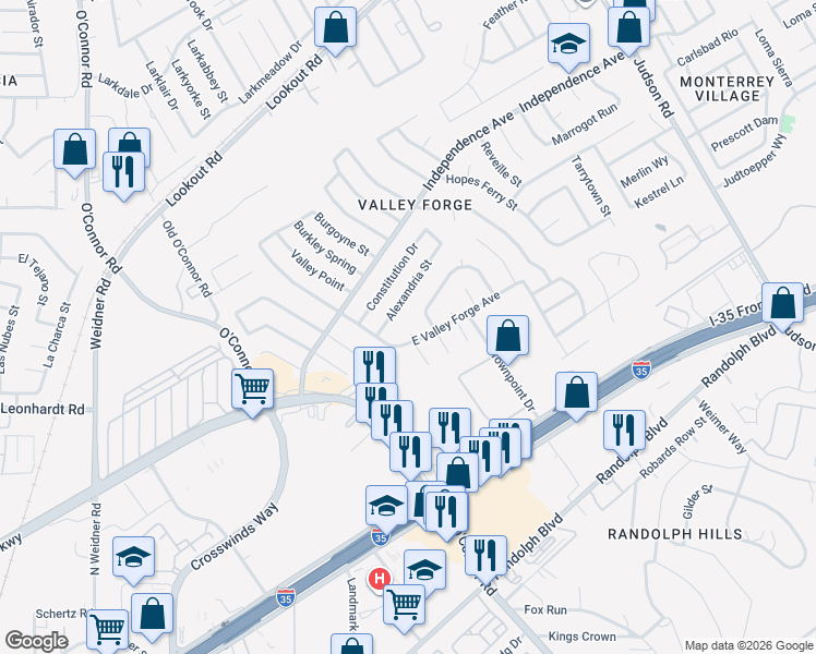 map of restaurants, bars, coffee shops, grocery stores, and more near 12211 Morristown Street in San Antonio